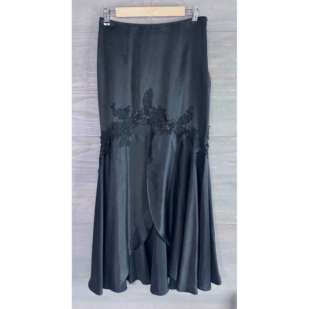 VTG Jovani Black 100% Silk Beaded Lace Mermaid Maxi Skirt SZ 6 Formal Y2K Fairy